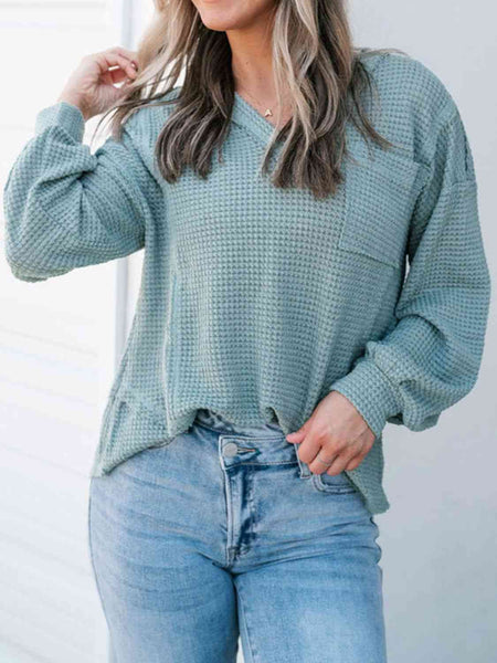 Waffle-Knit V-Neck Blouse with Breast Pocket