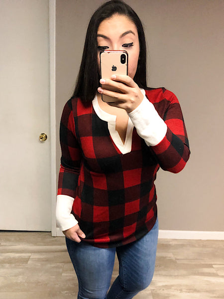 *New* Red Plaid V neck Long Sleeve top