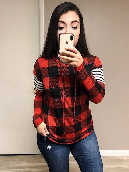 *New* Red/ Black Plaid stripe hoodie