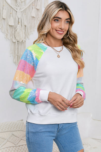 Round Neck Color Block Glitter Sleeve Sweatshirt