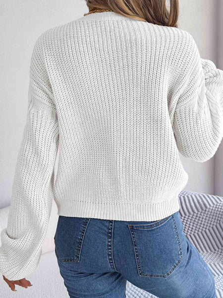 Cable-Knit Round Neck Drop Shoulder Sweater