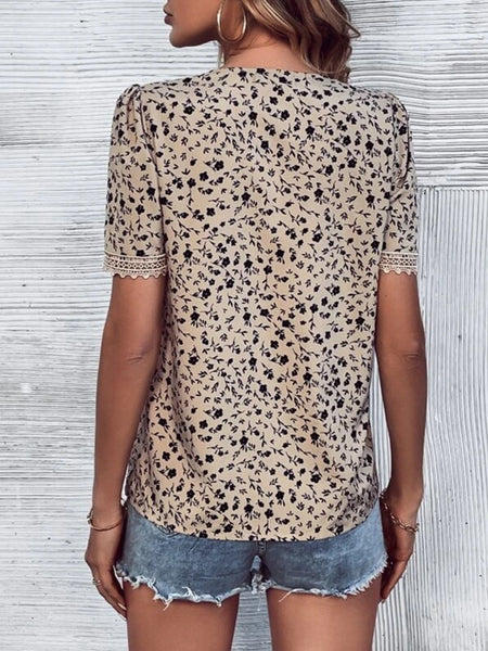 Full Size Printed V-Neck Short Sleeve Blouse