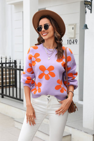 Floral Print Round Neck Dropped Shoulder Sweater