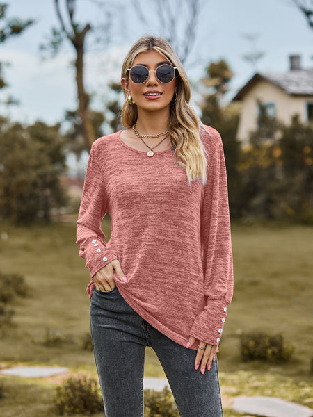Round Neck Long Sleeve Buttoned T-Shirt