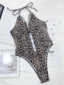 Leopard Cutout Halter Neck One-Piece Swimwear