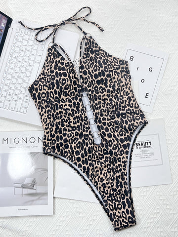 Leopard Cutout Halter Neck One-Piece Swimwear