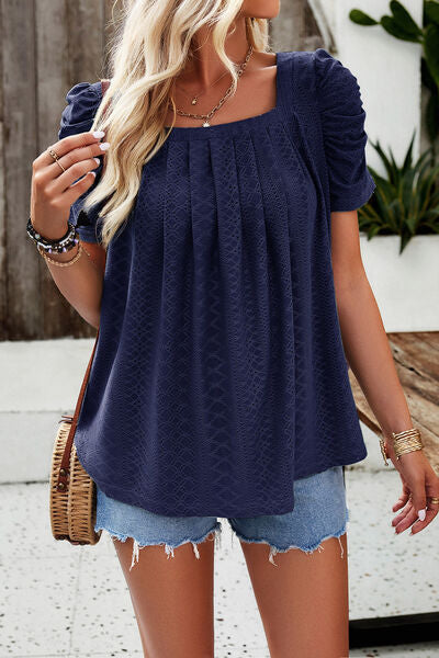 Eyelet Square Neck Puff Sleeve T-Shirt