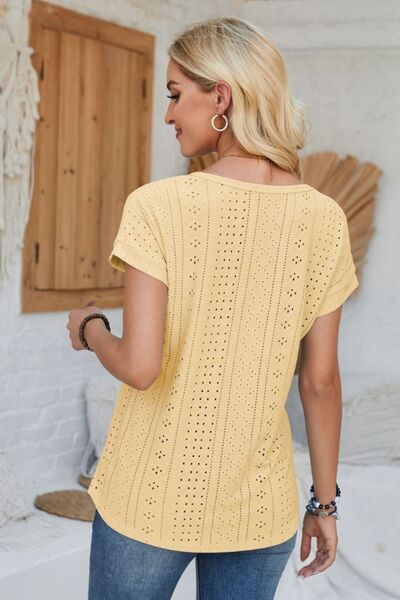 Eyelet Round Neck Rolled Short Sleeve T-Shirt