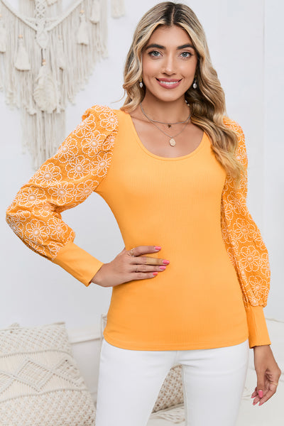 Round Neck Puff Floral Sleeve Blouse