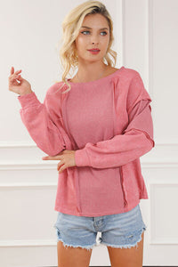 Waffle-Knit Exposed Seam Round Neck Sweatshirt