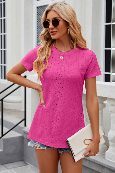 Eyelet Slit Round Neck Short Sleeve T-Shirt