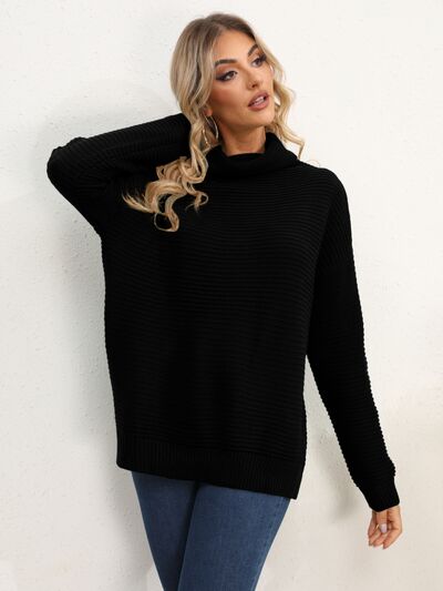 Slit Turtleneck Dropped Shoulder Sweater