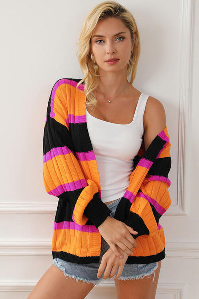 Ribbed Striped Open Front Long Sleeve Cardigan