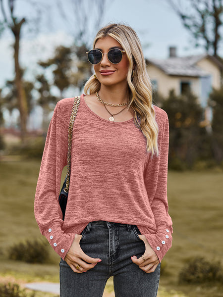 Round Neck Long Sleeve Buttoned T-Shirt