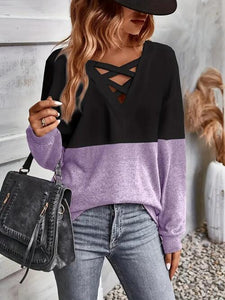 Contrast Crisscross V-Neck Long Sleeve Top