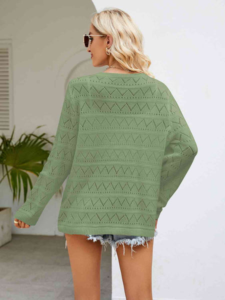 Round Neck Openwork Long Sleeve Knit Top