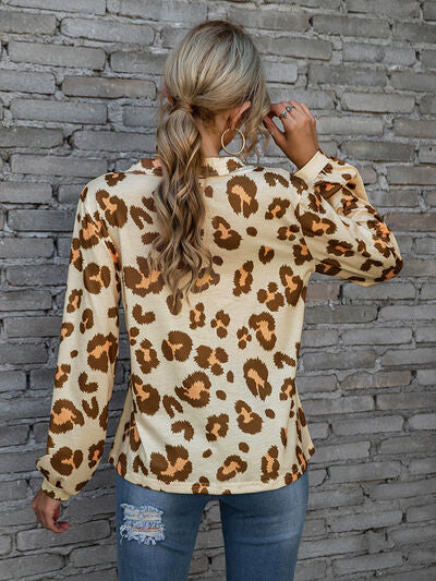 Leopard V-Neck Decorative Button Long Sleeve Blouse
