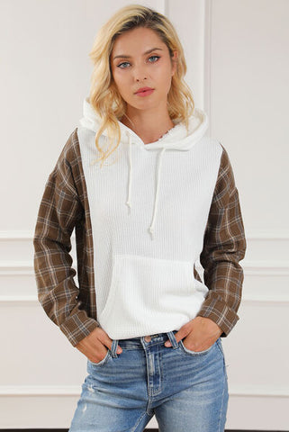 Plaid Waffle-Knit Drawstring Kangaroo Pocket Hoodie I