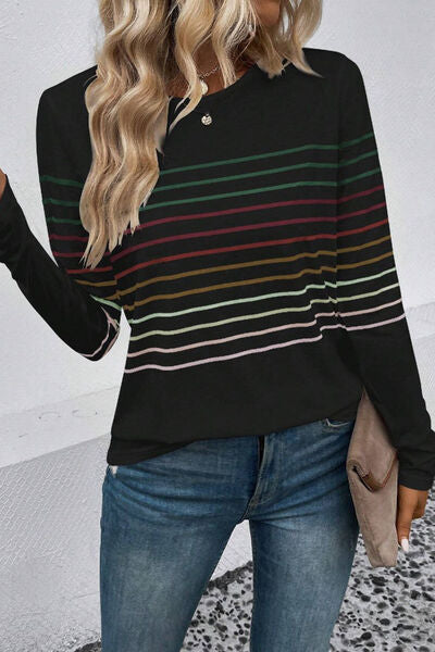 Striped Round Neck Long Sleeve T-Shirt