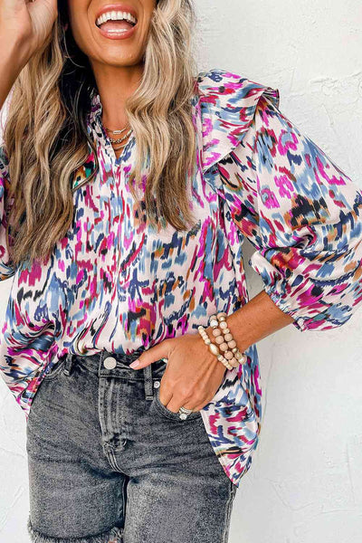 Printed Nochted Neck Ruffled Blouse