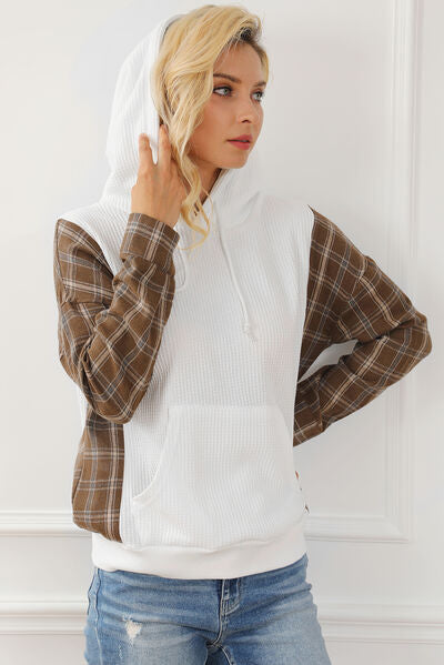 Plaid Waffle-Knit Drawstring Kangaroo Pocket Hoodie I