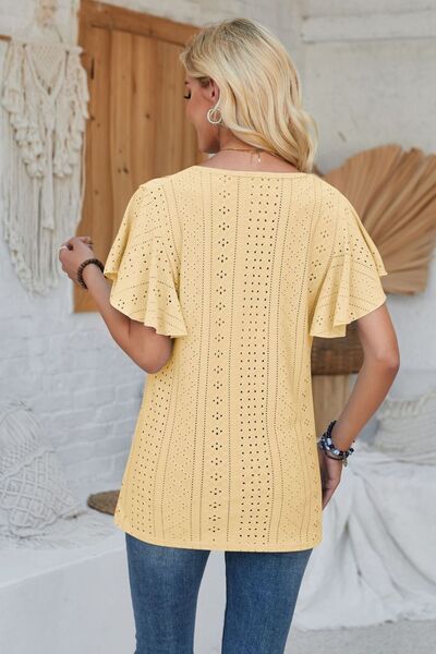 Eyelet Applique V-Neck Cap Sleeve T-Shirt