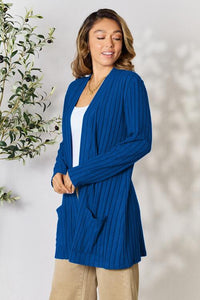 Full Size Ribbed Open Front Cardigan with Pockets