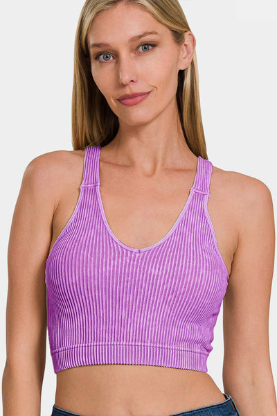 Washed Ribbed Cropped Bra Padded Tank
