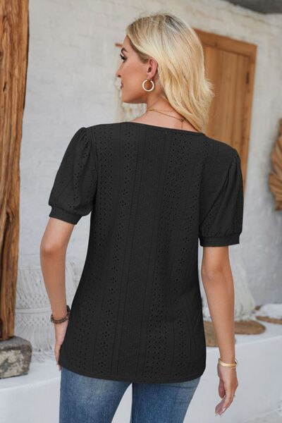 Eyelet Round Neck Short Sleeve Blouse